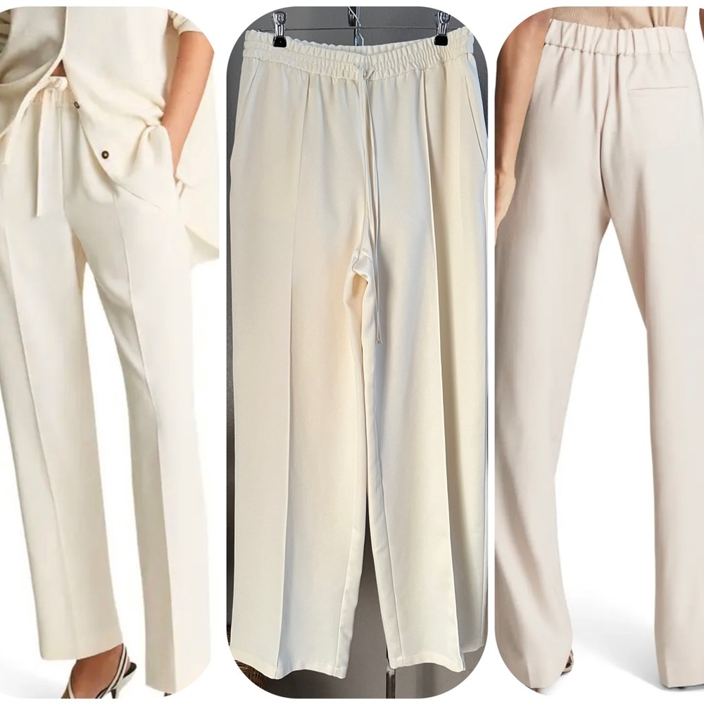 Zara vanilla cream pleated drawstring palazzo trouser pants